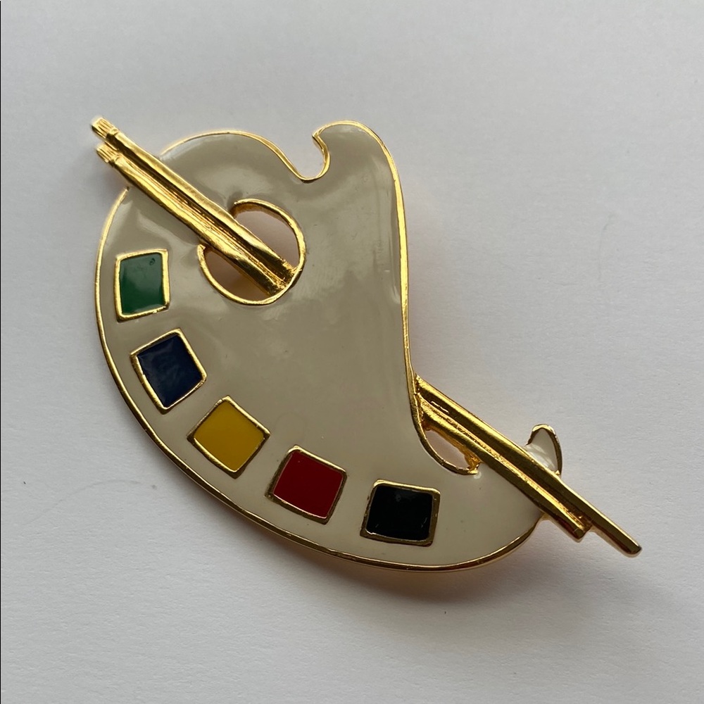 Vintage Artist Paint Palette & Brushes Pin Brooch Enamel Gold Tone 3.25" Unique